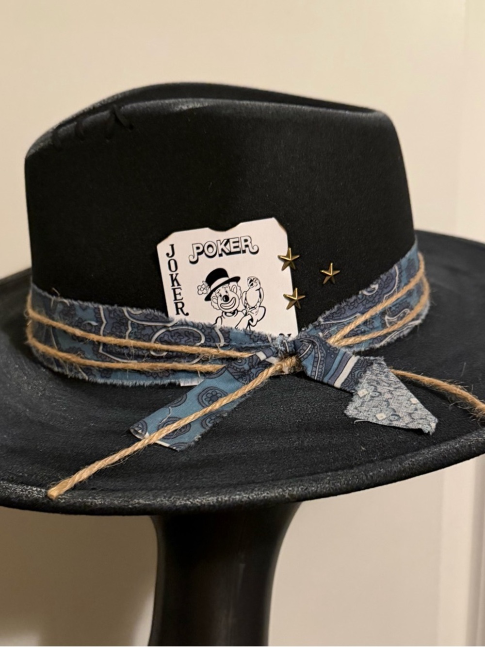 Black Fedora with Blue Paisley Band and Joker Card Accent